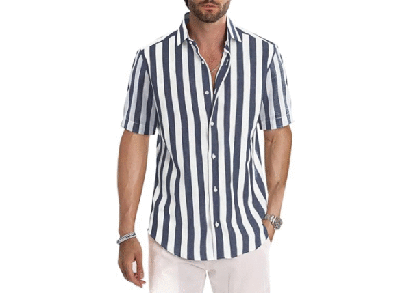 JMIERR Men's Casual Stylish Short Sleeve Button-Up Striped Dress Shirts Cotton Beach Shirt - Image 2
